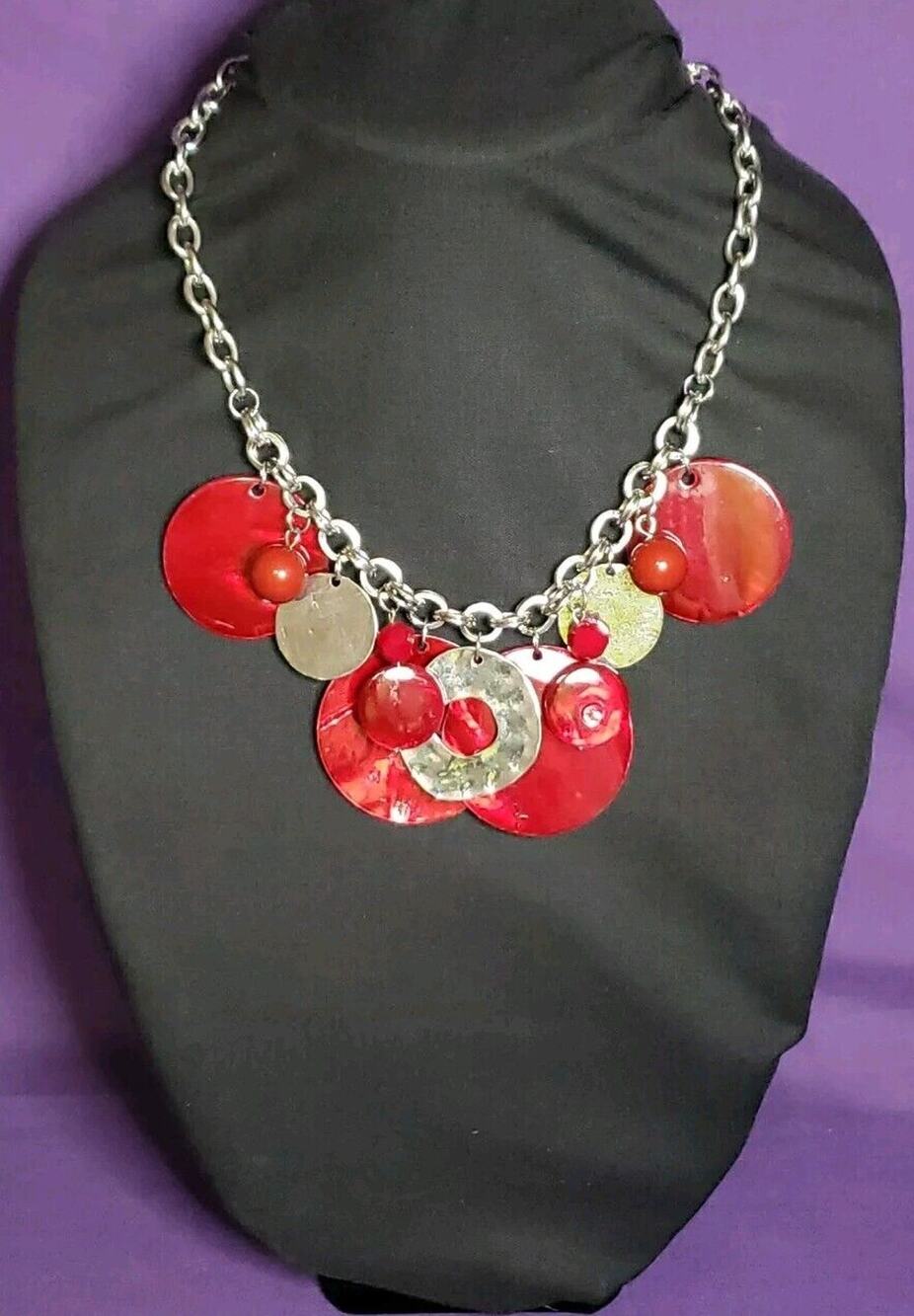 Dyed Mother Of Pearl Shell Disc Statement Necklace Vibrant Red Color Silver Tone